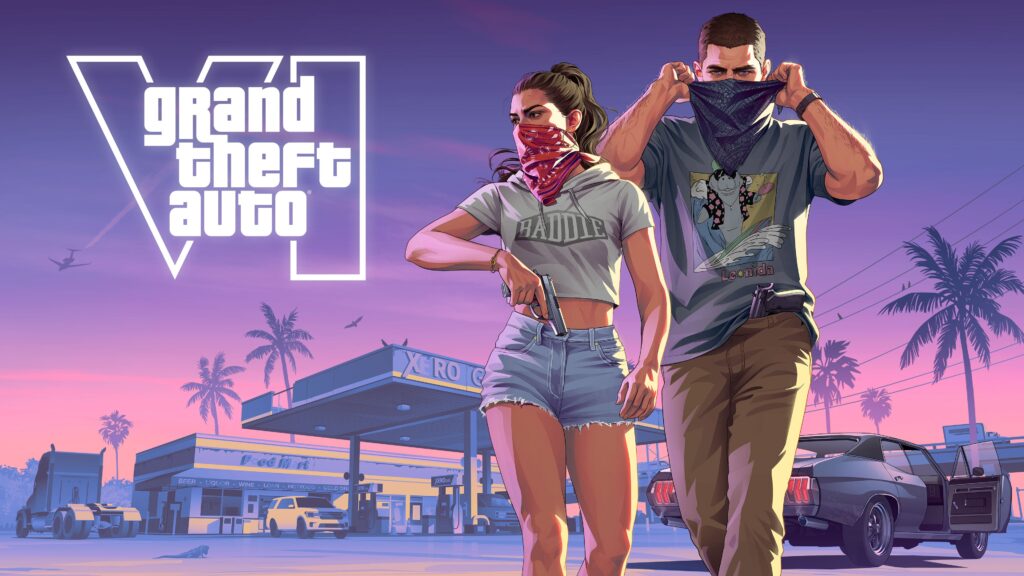 Official Rockstar Games artwork of Jason and Lucia in Grand Theft Auto VI, illustrating a GTA VI preorder decision